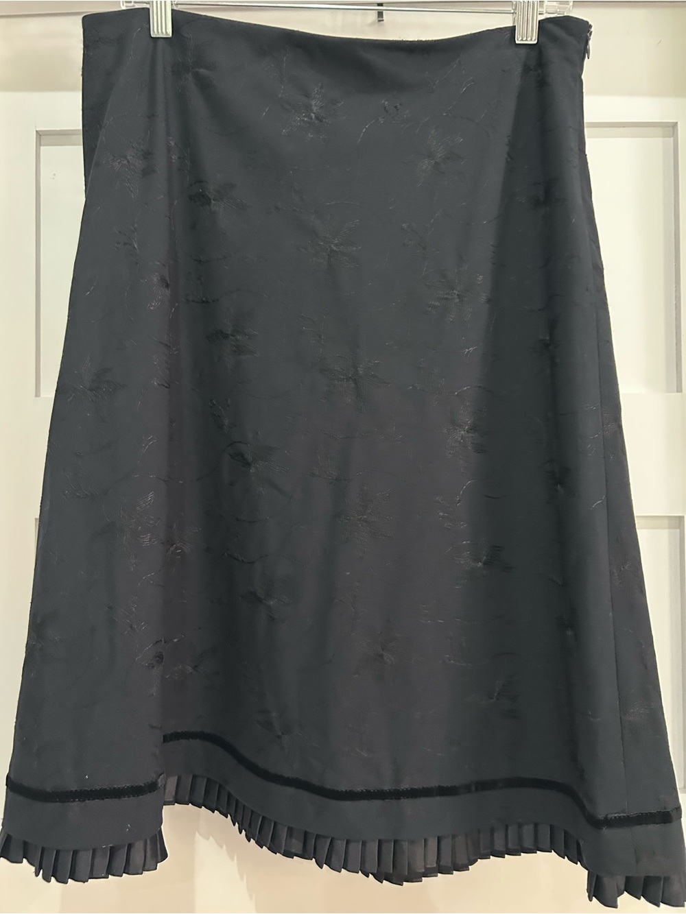 WOMYN size 10, Black A-Line Skirt with Pleated Hem and velvet trim